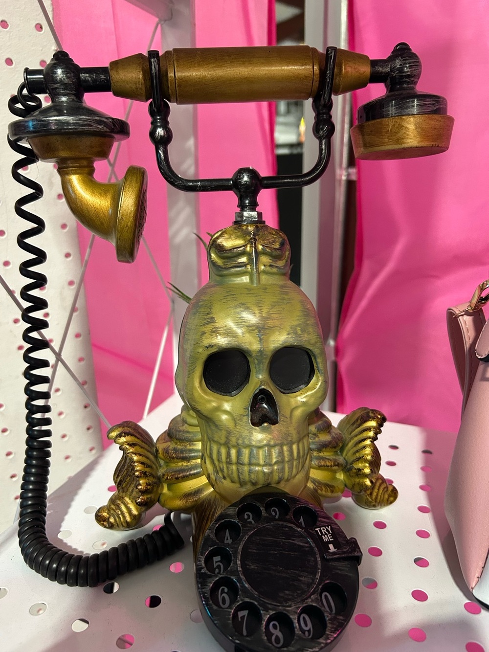 Vintage Gemi Skull Rotary Phone - Gold and Black - talking phone